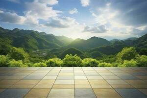 AI generated Square floor and green mountain nature landscape. AI Generated. photo