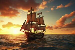 AI generated Pirate ship sailing on the ocean at sunset. Vintage cruise. AI Generated photo