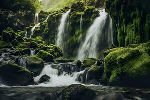 AI generated Waterfall landscape with rocks covered in green moss. AI Generated photo