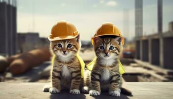 AI generated Two kittens wearing hard hats on a construction site. Generative AI photo