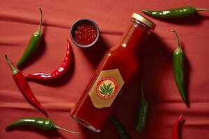 AI generated Tabasco hot pepper sauce with red chili pepper, flat lay. Generative AI photo