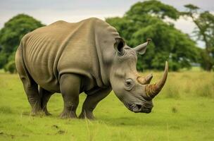 AI generated White Rhino grazing. AI Generated photo