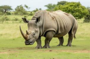 AI generated White Rhino grazing. AI Generated photo