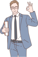 Illustration of businessman holding book and pose OK signs characters. Hand drawn style. png