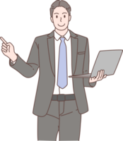 Illustration von Geschäftsmann halten Laptop und präsentieren Figuren. Hand gezeichnet Stil. png