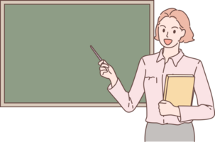 Illustration of businesswomen writing on blackboard in meeting characters. Hand drawn style. png