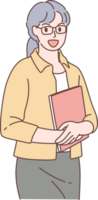 Illustration of femel teacher coss her arms with book characters. Hand drawn style. png