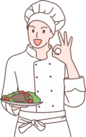 ilustração do chefe de cozinha segurando Comida e mostrando Está bem placa personagens. mão desenhado estilo. png