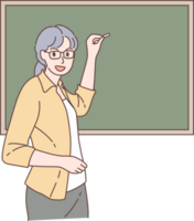Illustration of teacher writing on blackboard in classroom characters. Hand drawn style. png