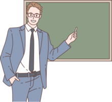 Illustration of businessman writing on blackboard in meeting characters. Hand drawn style. png