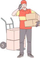 Illustration von Lieferung Mann halten Box und Zelle mit Kunde Figuren. Hand gezeichnet Stil. png