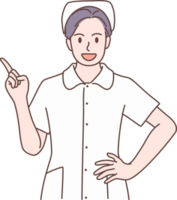 Illustration of nurses pointing and presenting with hand  characters. Concept of medical personnel and medicine. Hand drawn style. png