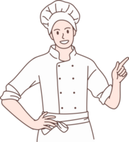 Illustration of chef pointing and presenting characters. Hand drawn style. png