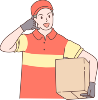 Illustration of delivery man holding box and cell with customer characters. Hand drawn style. png