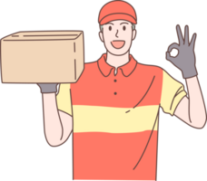 Illustration of delivery man, courier service holding box and pose OK sign characters. Hand drawn style. png