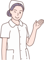 ilustración de enfermeras señalando y presentación con mano caracteres. concepto de médico personal y medicamento. mano dibujado estilo. png