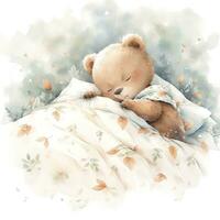 AI generated A sleepy baby bear in a bedding. watercolor illustration. AI Generated photo