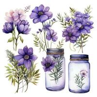 AI generated Collection of watercolor mason jars with purple flowers clipart. AI Generated photo