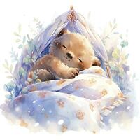 AI generated A sleepy baby bear in a bedding. watercolor illustration. AI Generated photo