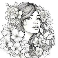 AI generated A girl on a coloring book page with Jasmine flowers. AI Generated photo