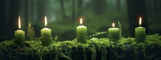 AI generated Burning candles on moss, dark green blurred the natural background. Magic candle. Generative AI photo