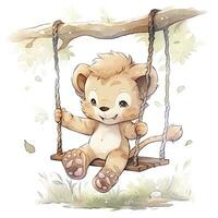 AI generated Cute and happy baby lion on swings on the tree in watercolor style. AI Generated photo