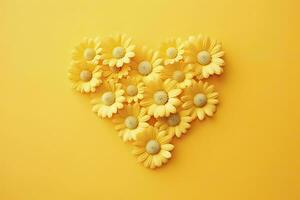 AI generated Yellow Heart Shaped By Yellow Daisies Over Yellow Background. AI Generated photo