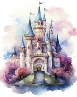 AI generated Colorful watercolor kawaii castle isolated on white background. AI Generated photo