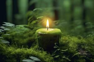 AI generated Burning candle on moss, dark green blurred the natural background. Magic candle. Generative AI photo