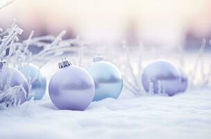 ai generado Navidad decoraciones pelota en nieve antecedentes. ai generado foto