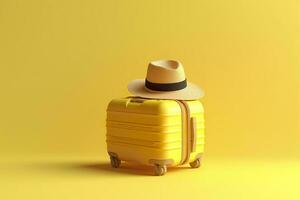 AI generated Yellow suitcase with sun glasses and hat on yellow background. travel concept. Generative AI photo