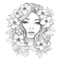 AI generated A girl on a coloring book page with Jasmine flowers. AI Generated photo