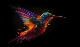 AI generated hummingbird logo with multiple colors flying through the air.  AI Generated photo