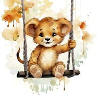 AI generated Cute happy baby lion on swings attached to the tree in watercolor style. AI Generated photo