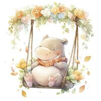 AI generated Cute happy baby rhino on swings in the tree in watercolor style. AI Generated photo