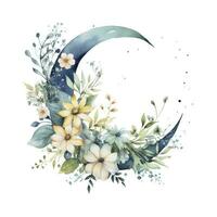 AI generated Watercolor floral Moon with greenery on a white background. AI Generated photo