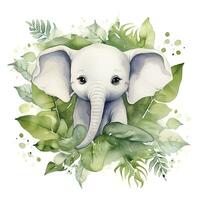 AI generated Happy cute baby elephant in green leaves in the watercolor style. AI Generated photo