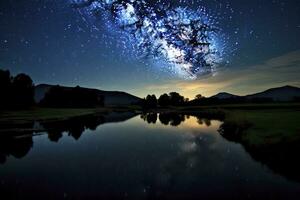 ai generado lechoso camino reflejado en lago. ai generado foto