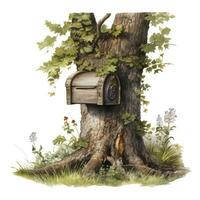 AI generated Watercolor mailbox in a tree on a white background. AI Generated photo
