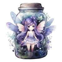 AI generated Watercolor Fantasy Pastel Goth Tiny Fairy in a Jar. AI Generated photo