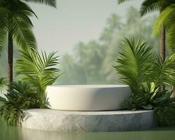 AI generated Stone product display podium for cosmetic product with green nature garden background. Generative AI photo