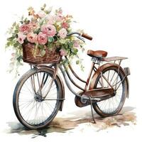 AI generated Watercolor bicycle with flowers in the basket isolated on white background.  AI Generated photo