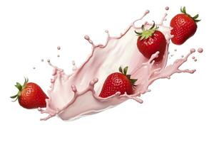 AI generated milk or yogurt splash with strawberries isolated on white background, 3d rendering. AI Generated photo