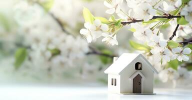 AI generated Toy house and cherry flowers, spring abstract natural background. Generative AI photo