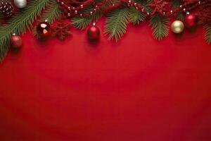 ai generado Navidad o nuevo año rojo antecedentes con abeto decoración. ai generado foto