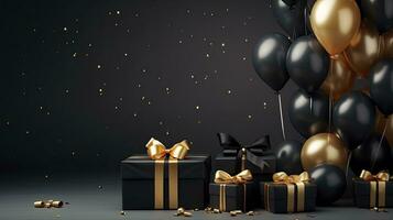 AI generated Black Friday sale banner with ballon and gift box space for text. AI Generated photo