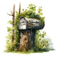 AI generated Watercolor mailbox in a tree on a white background. AI Generated photo