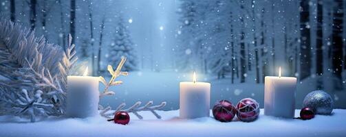 AI generated Winter Forest Landscape With Burning Candles Christmas Decoration. AI Generated photo