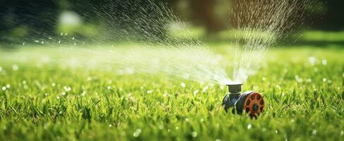 AI generated Automatic garden lawn sprinkler in action watering grass. AI Generated photo