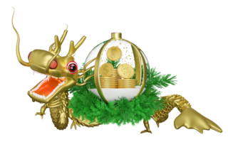 3d snow ball, ornaments glass transparent with gold dragon, dollar coins stacks, pine leaves. chinese new year 2024 capricorn. 3d render illustration png
